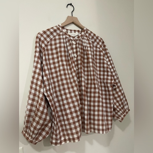 SOLD The Great. Brown and White Checkered Oversize Puff Sleeve Relaxed Blouse - Picture 4 of 12